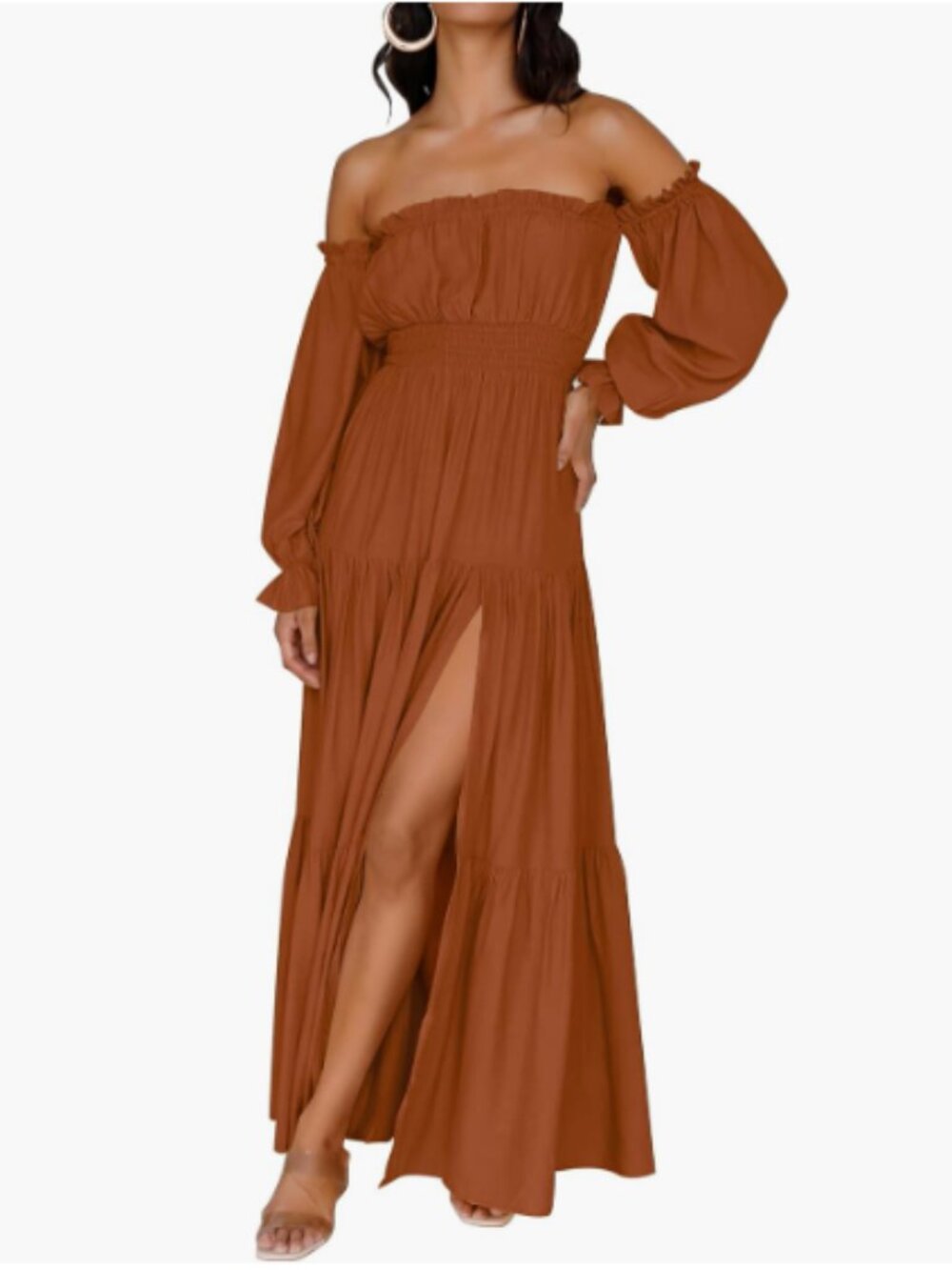 ZESICA Caramel Boho Off Shoulder Side Split Flowy A Line Maxi Dress - Size M
